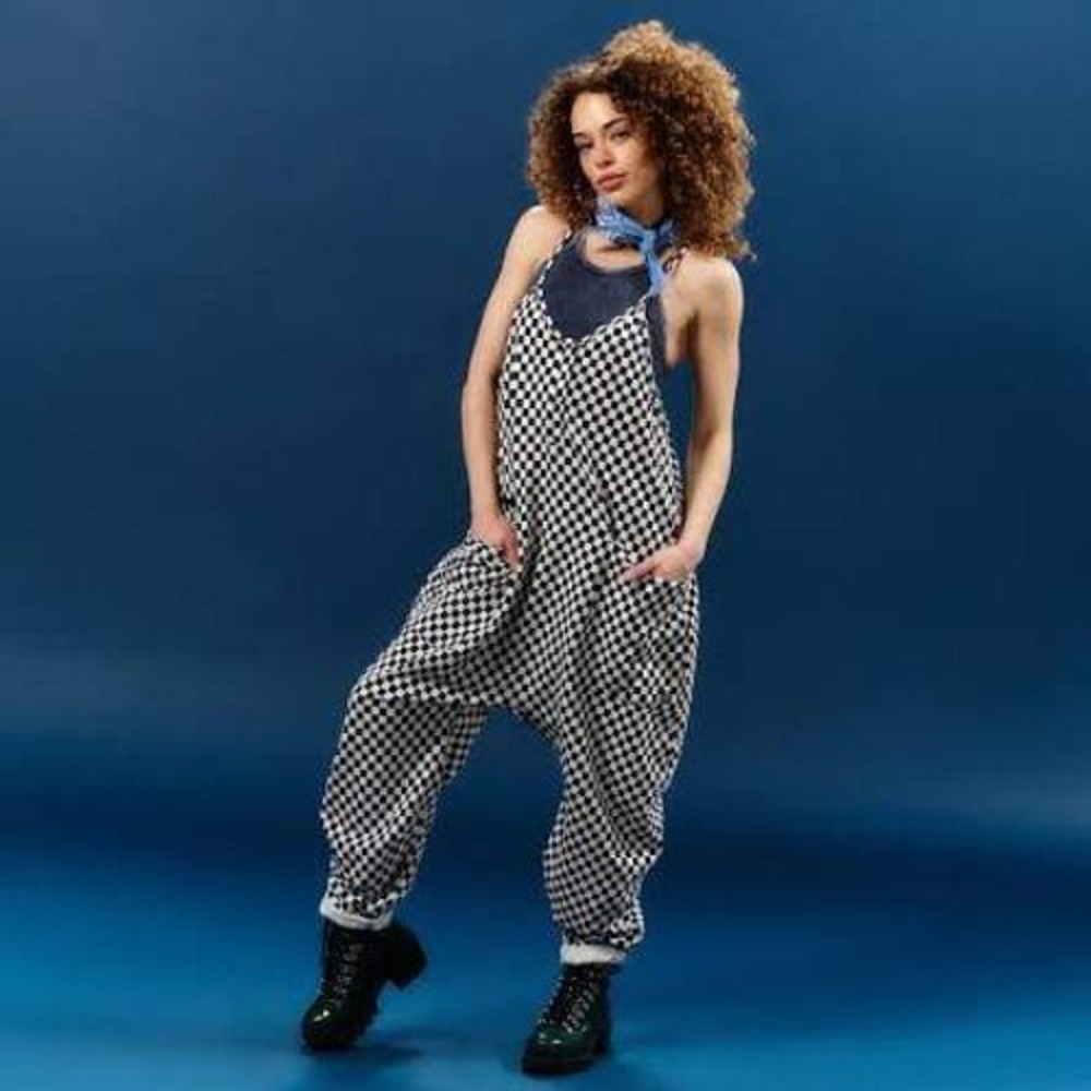 RAGS Women's Tank Romper Black & White Mini Check Size Medium Henley NWOT
